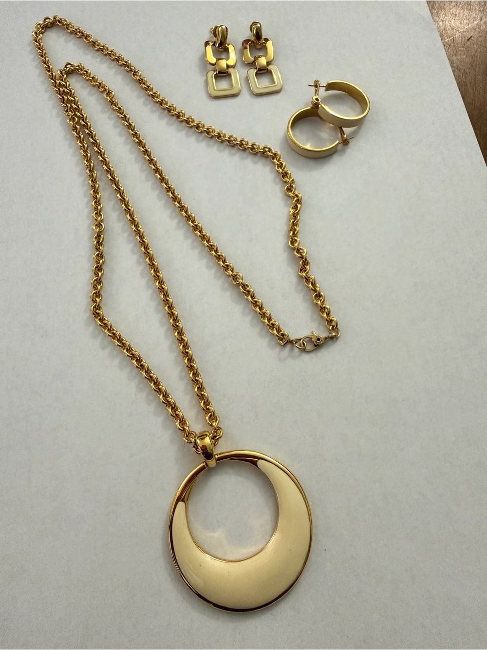 Gold Crescent Pendant Necklace with Matching Earrings